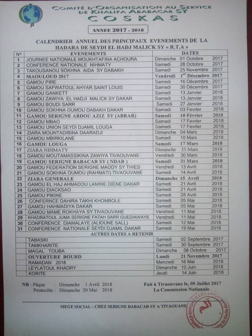 Calendrier annuel des événements de la Hadara de Seydi El-hadji Malick SY  2017-2018