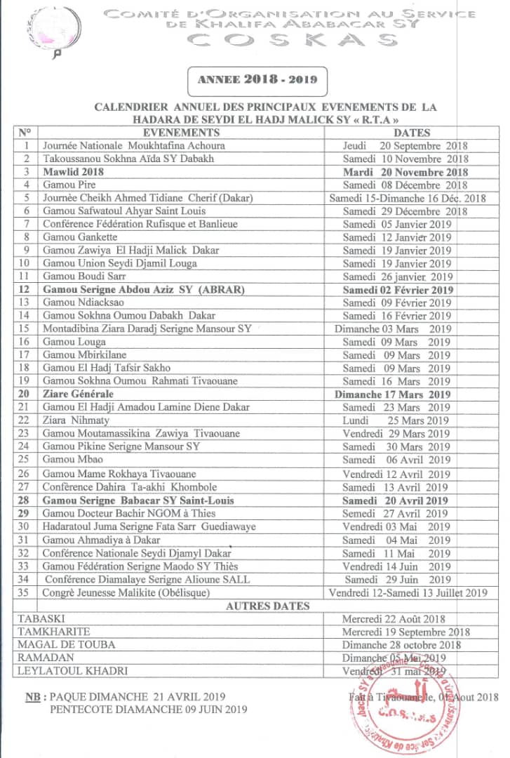 Calendrier 2018-2019 des principaux évènements de la khadara Malikia