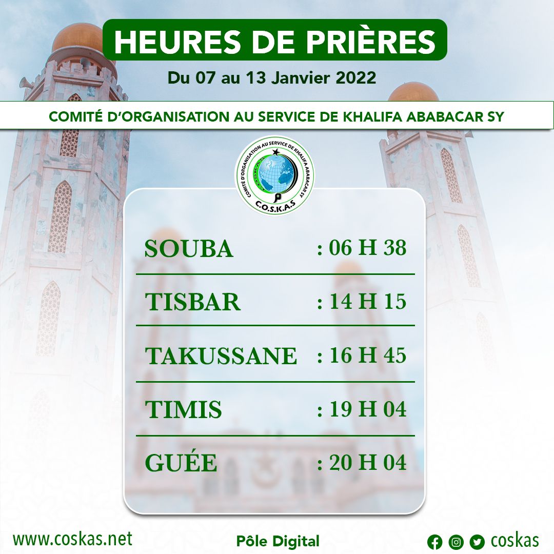 Heures de prières du 07 au 13 Janvier 2022