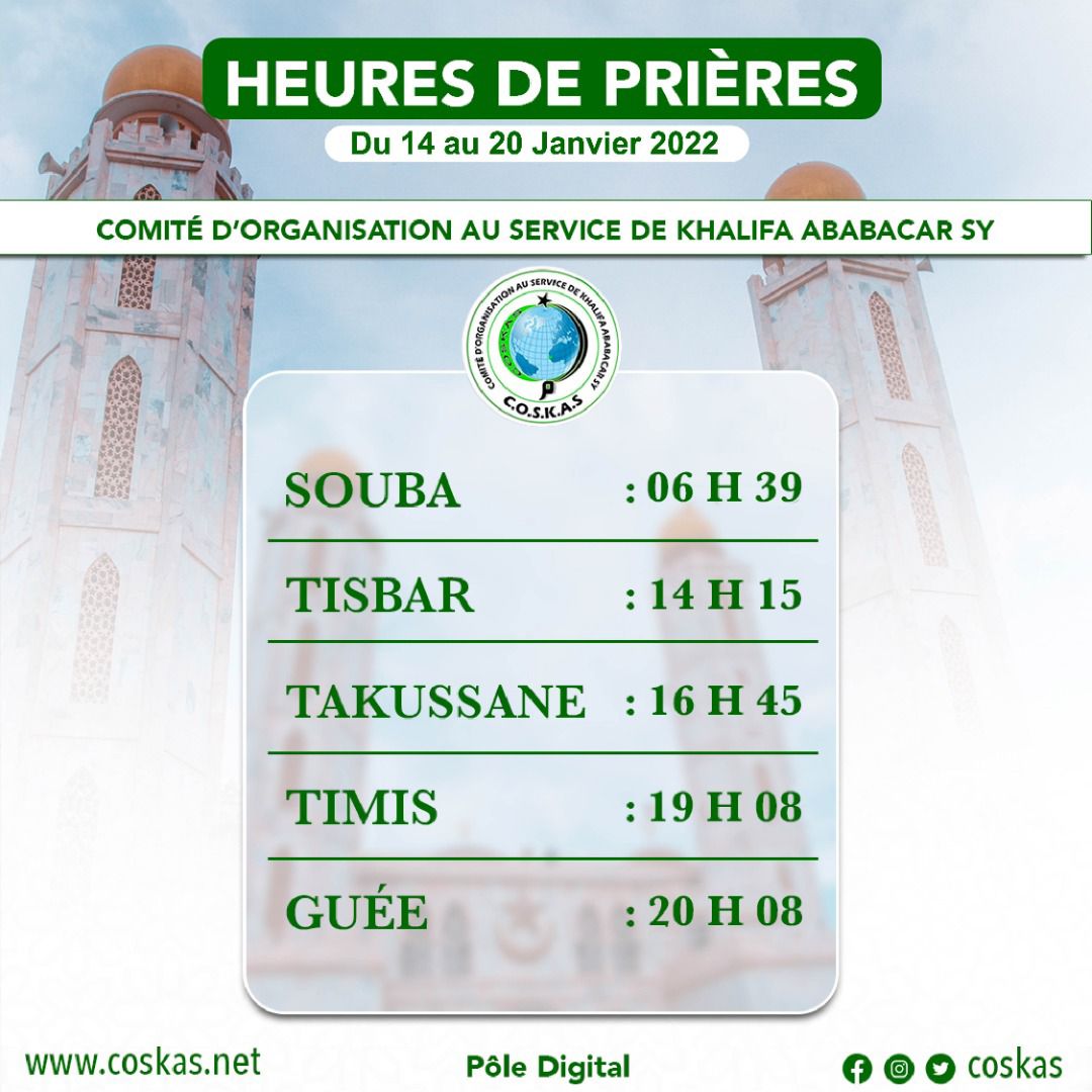 Heures de prières du 14 au 20 Janvier 2022