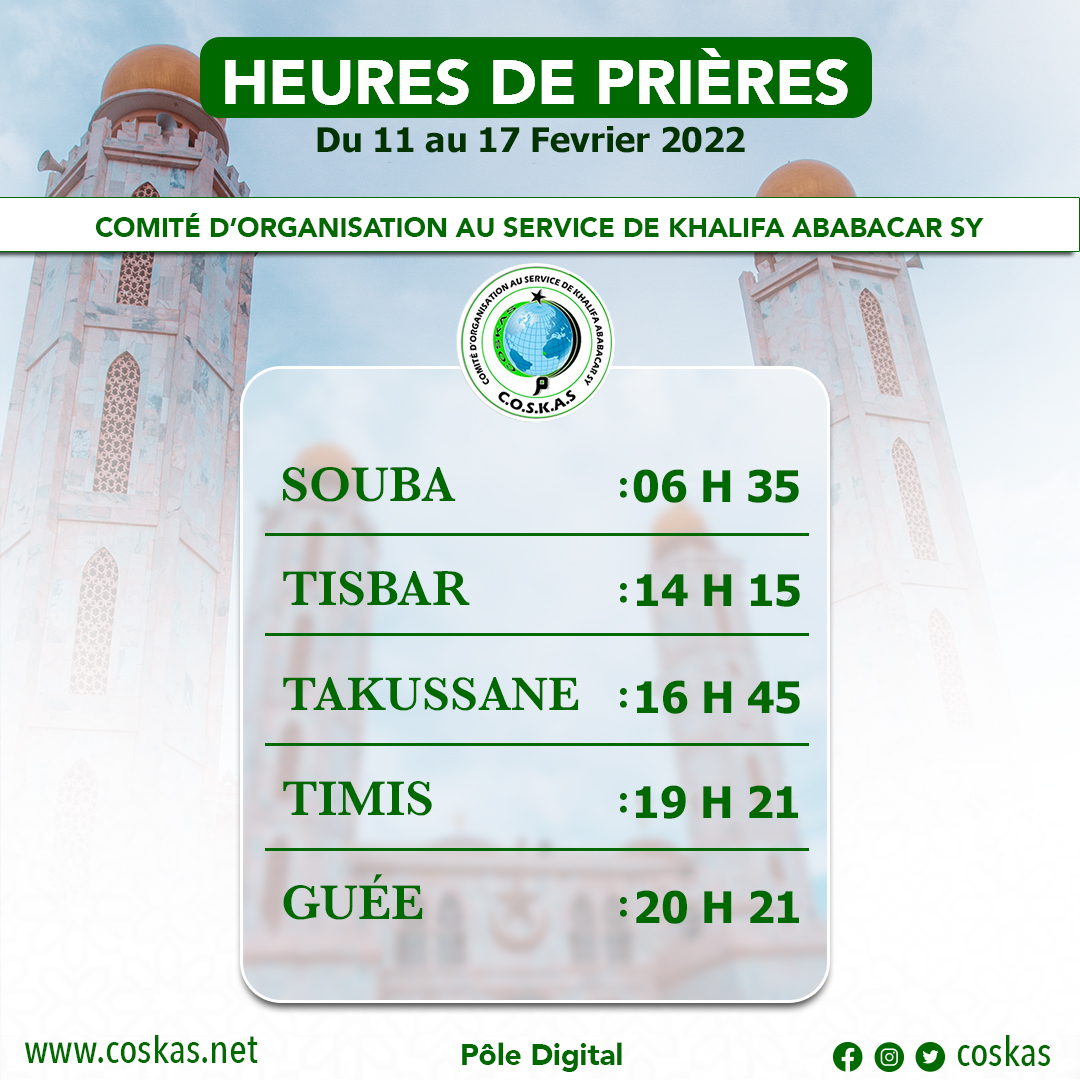 Heures de prière du 11 au 17 Février 2022